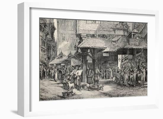 Old Illustration Of Butcher'S Shop In Frankfurt-marzolino-Framed Art Print