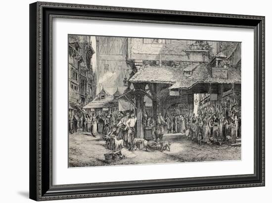 Old Illustration Of Butcher'S Shop In Frankfurt-marzolino-Framed Art Print