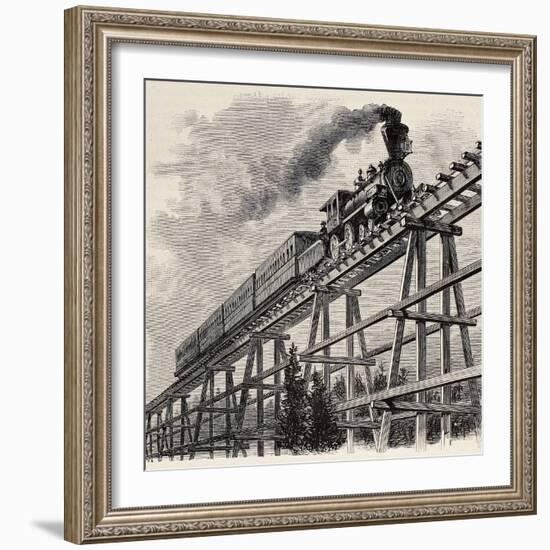 Old Illustration Of Train Crossing Wooden Trestle Bridge Along Union Pacific Railroad-marzolino-Framed Art Print