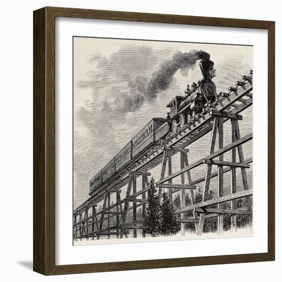 Old Illustration Of Train Crossing Wooden Trestle Bridge Along Union Pacific Railroad-marzolino-Framed Art Print