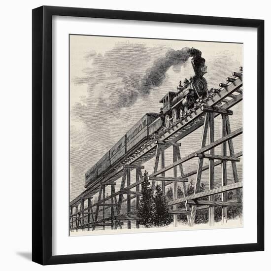 Old Illustration Of Train Crossing Wooden Trestle Bridge Along Union Pacific Railroad-marzolino-Framed Art Print