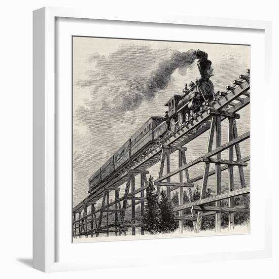 Old Illustration Of Train Crossing Wooden Trestle Bridge Along Union Pacific Railroad-marzolino-Framed Art Print