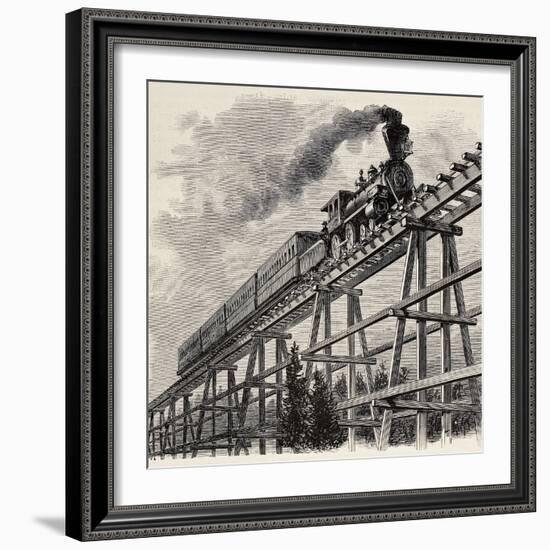 Old Illustration Of Train Crossing Wooden Trestle Bridge Along Union Pacific Railroad-marzolino-Framed Art Print