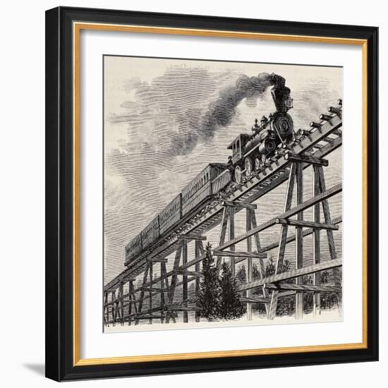 Old Illustration Of Train Crossing Wooden Trestle Bridge Along Union Pacific Railroad-marzolino-Framed Art Print