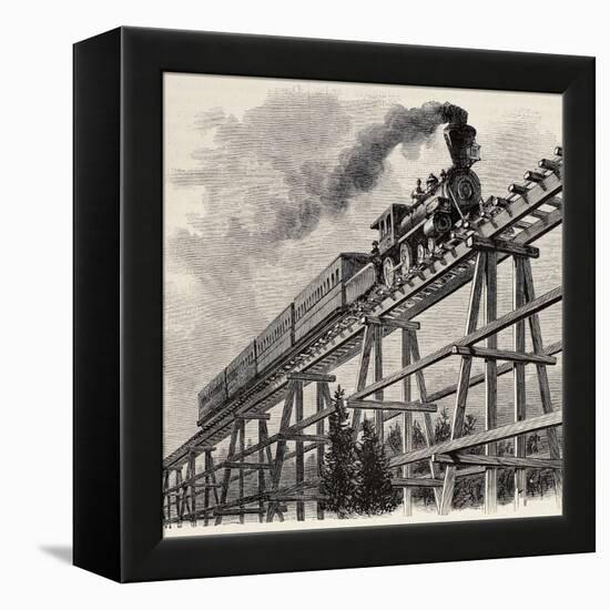 Old Illustration Of Train Crossing Wooden Trestle Bridge Along Union Pacific Railroad-marzolino-Framed Stretched Canvas