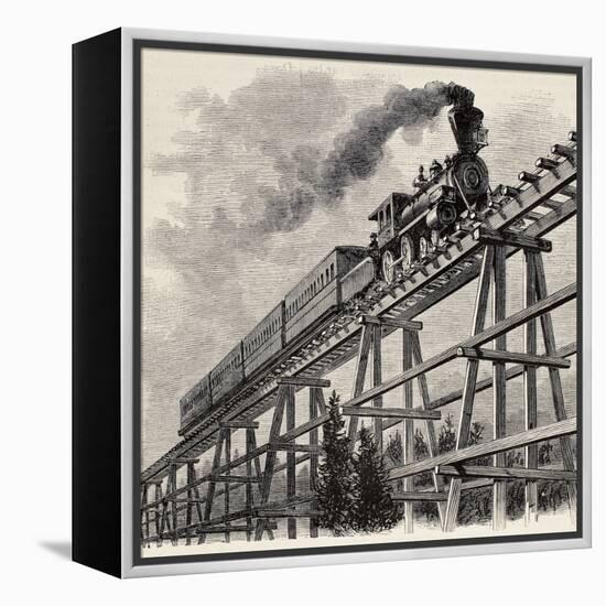 Old Illustration Of Train Crossing Wooden Trestle Bridge Along Union Pacific Railroad-marzolino-Framed Stretched Canvas