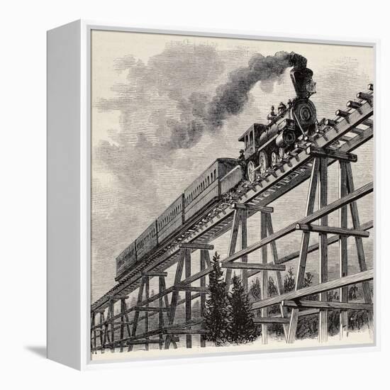 Old Illustration Of Train Crossing Wooden Trestle Bridge Along Union Pacific Railroad-marzolino-Framed Stretched Canvas