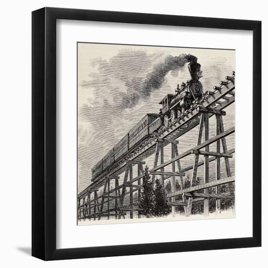 Old Illustration Of Train Crossing Wooden Trestle Bridge Along Union Pacific Railroad-marzolino-Framed Art Print