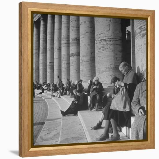 Old Italian Women Knitting While They Socialize in the Colonade of St. Peter's Square, Vatican City-Margaret Bourke-White-Framed Premier Image Canvas