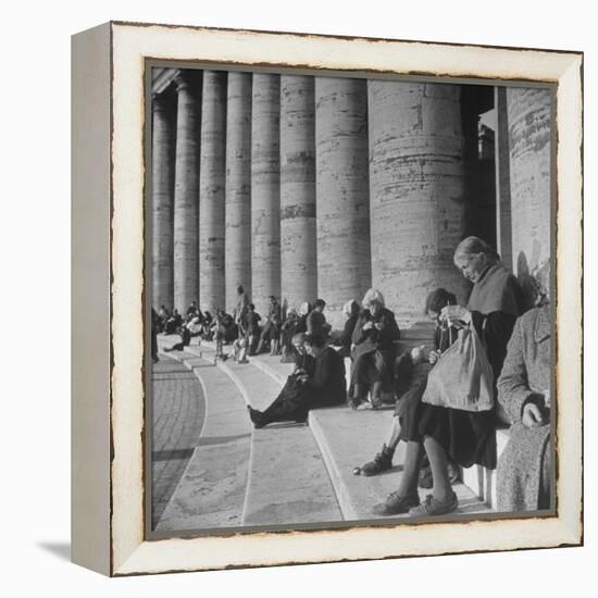 Old Italian Women Knitting While They Socialize in the Colonade of St. Peter's Square, Vatican City-Margaret Bourke-White-Framed Premier Image Canvas