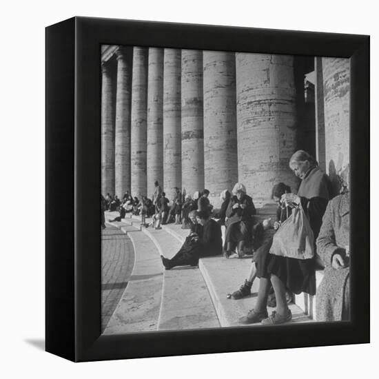 Old Italian Women Knitting While They Socialize in the Colonade of St. Peter's Square, Vatican City-Margaret Bourke-White-Framed Premier Image Canvas