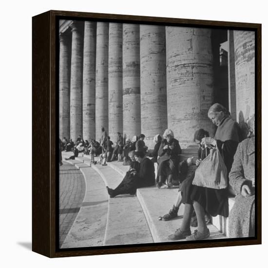 Old Italian Women Knitting While They Socialize in the Colonade of St. Peter's Square, Vatican City-Margaret Bourke-White-Framed Premier Image Canvas