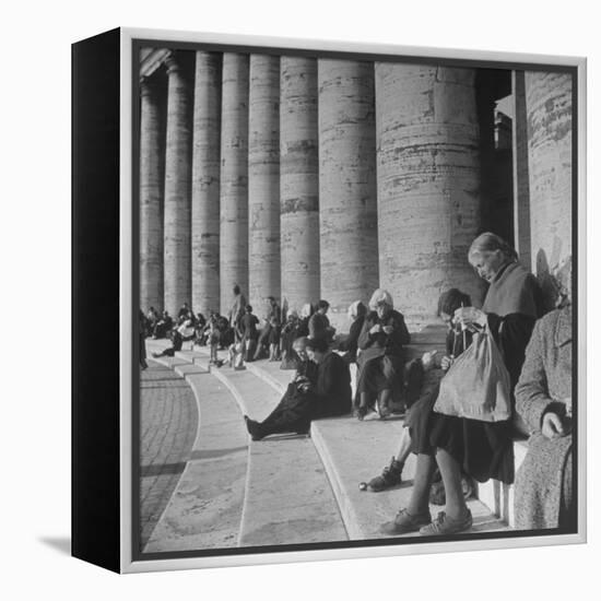 Old Italian Women Knitting While They Socialize in the Colonade of St. Peter's Square, Vatican City-Margaret Bourke-White-Framed Premier Image Canvas