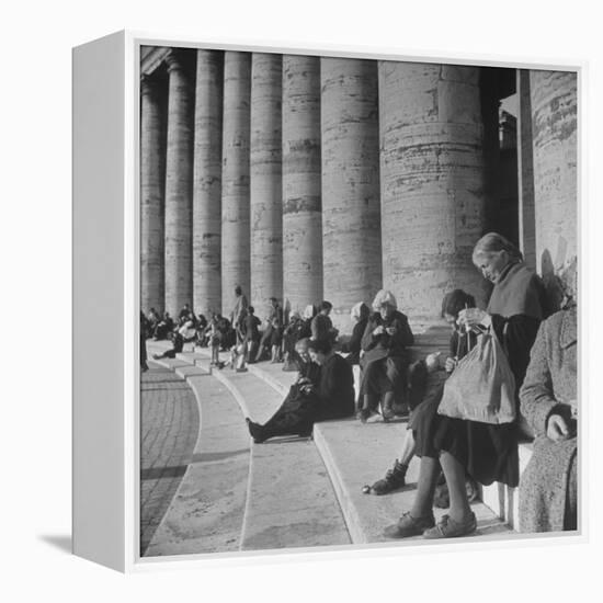 Old Italian Women Knitting While They Socialize in the Colonade of St. Peter's Square, Vatican City-Margaret Bourke-White-Framed Premier Image Canvas