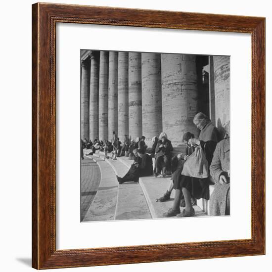 Old Italian Women Knitting While They Socialize in the Colonade of St. Peter's Square, Vatican City-Margaret Bourke-White-Framed Premium Photographic Print