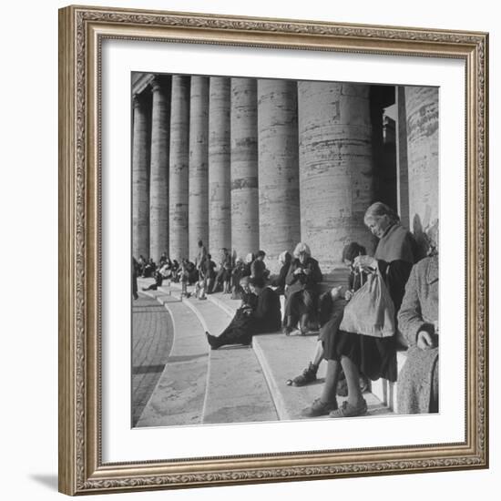 Old Italian Women Knitting While They Socialize in the Colonade of St. Peter's Square, Vatican City-Margaret Bourke-White-Framed Photographic Print