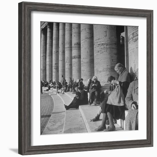 Old Italian Women Knitting While They Socialize in the Colonade of St. Peter's Square, Vatican City-Margaret Bourke-White-Framed Photographic Print