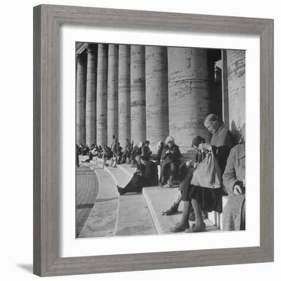 Old Italian Women Knitting While They Socialize in the Colonade of St. Peter's Square, Vatican City-Margaret Bourke-White-Framed Photographic Print