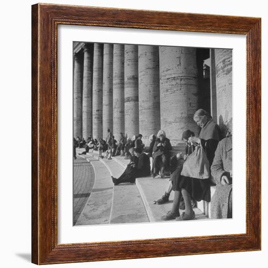 Old Italian Women Knitting While They Socialize in the Colonade of St. Peter's Square, Vatican City-Margaret Bourke-White-Framed Photographic Print