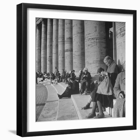 Old Italian Women Knitting While They Socialize in the Colonade of St. Peter's Square, Vatican City-Margaret Bourke-White-Framed Photographic Print