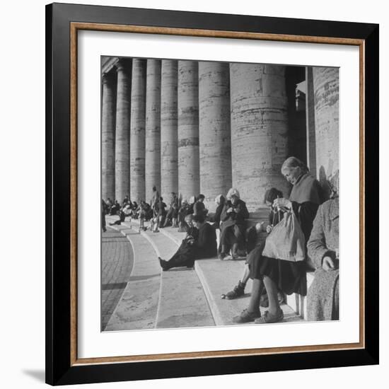 Old Italian Women Knitting While They Socialize in the Colonade of St. Peter's Square, Vatican City-Margaret Bourke-White-Framed Photographic Print