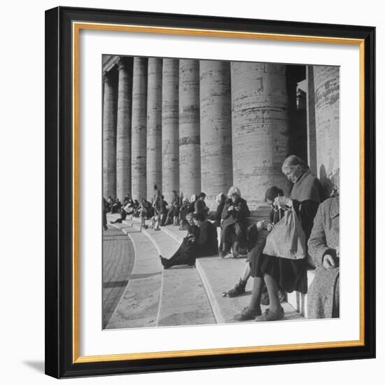 Old Italian Women Knitting While They Socialize in the Colonade of St. Peter's Square, Vatican City-Margaret Bourke-White-Framed Photographic Print