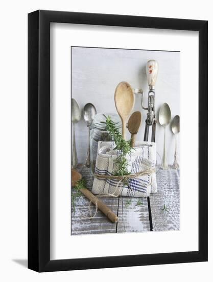 Old Kitchen Utensils: Spoons, Beater, Wooden Spoon and Linen Dish Towel-Martina Schindler-Framed Photographic Print