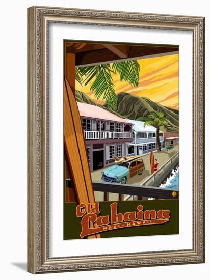 Old Lahaina Fishing Town with Surfer, Maui, Hawaii-Lantern Press-Framed Art Print