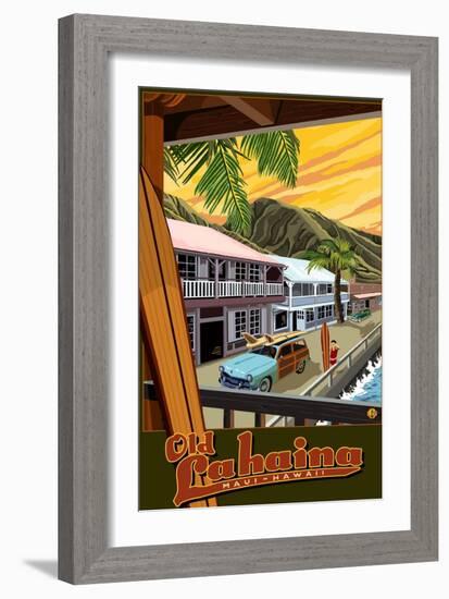 Old Lahaina Fishing Town with Surfer, Maui, Hawaii-Lantern Press-Framed Art Print