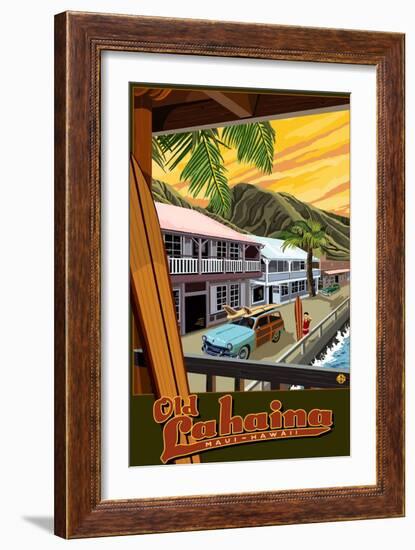 Old Lahaina Fishing Town with Surfer, Maui, Hawaii-Lantern Press-Framed Art Print