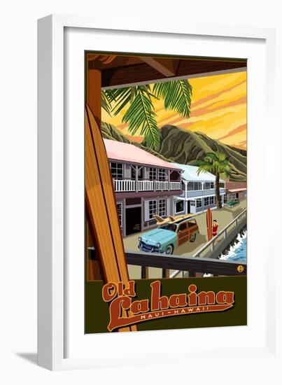 Old Lahaina Fishing Town with Surfer, Maui, Hawaii-Lantern Press-Framed Art Print