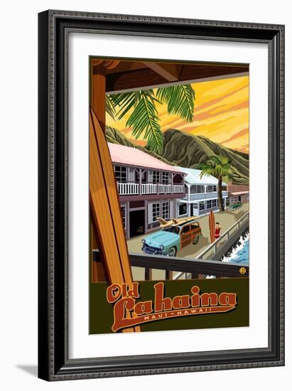 Old Lahaina Fishing Town with Surfer, Maui, Hawaii-Lantern Press-Framed Art Print