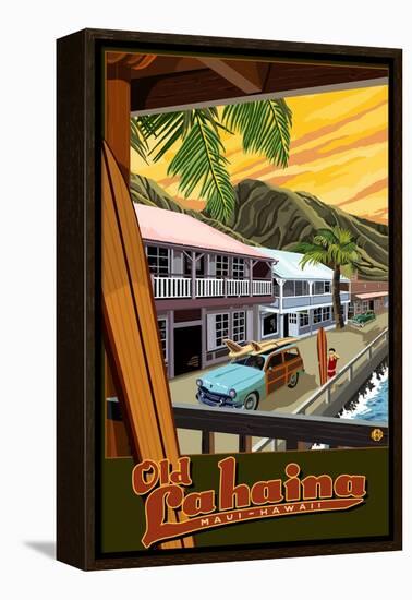 Old Lahaina Fishing Town with Surfer, Maui, Hawaii-Lantern Press-Framed Stretched Canvas