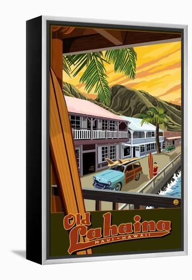 Old Lahaina Fishing Town with Surfer, Maui, Hawaii-Lantern Press-Framed Stretched Canvas