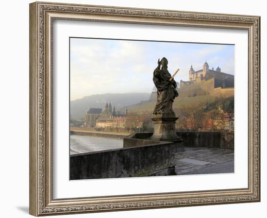 Old Main Bridge over River Main and Fortress Marienberg Behind, Wurzburg, Franconia, Bavaria, Germa-Hans Peter Merten-Framed Photographic Print