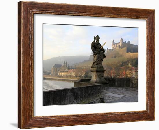 Old Main Bridge over River Main and Fortress Marienberg Behind, Wurzburg, Franconia, Bavaria, Germa-Hans Peter Merten-Framed Photographic Print