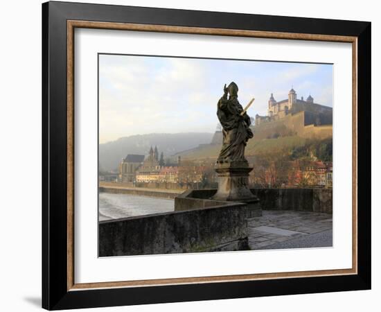 Old Main Bridge over River Main and Fortress Marienberg Behind, Wurzburg, Franconia, Bavaria, Germa-Hans Peter Merten-Framed Photographic Print