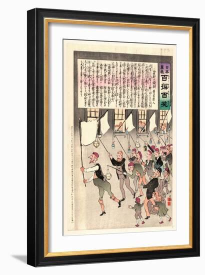 Old Man Carrying a Flag Is Leading a Group of Male Citizens in a Procession at Night-Kobayashi Kiyochika-Framed Giclee Print