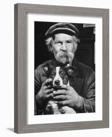 Old Man Holding His Hands around a Dog's Throat-Dmitri Kessel-Framed Photographic Print