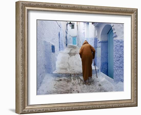 Old Man Walking in a Typical Street in Chefchaouen, Rif Mountains Region, Morocco-Levy Yadid-Framed Photographic Print