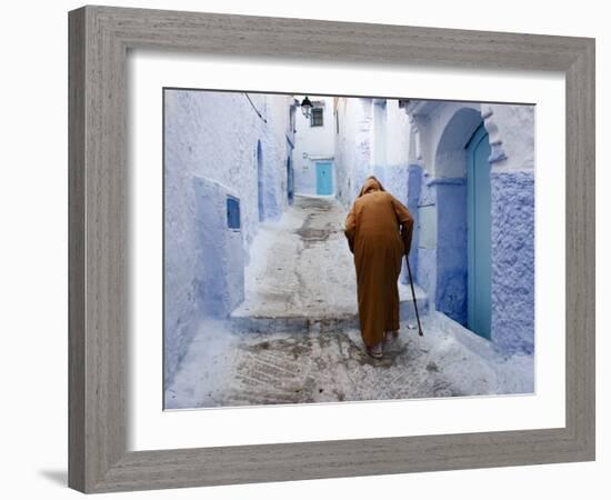 Old Man Walking in a Typical Street in Chefchaouen, Rif Mountains Region, Morocco-Levy Yadid-Framed Photographic Print