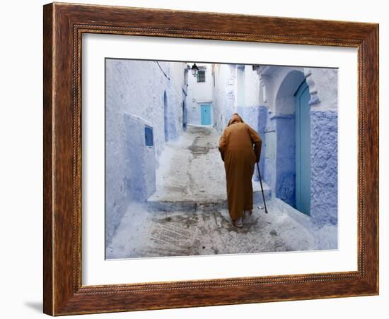 Old Man Walking in a Typical Street in Chefchaouen, Rif Mountains Region, Morocco-Levy Yadid-Framed Photographic Print