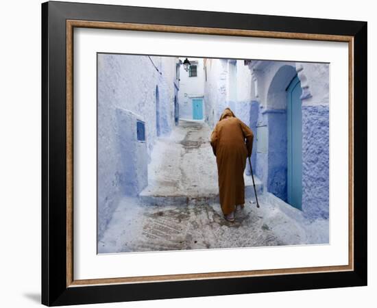 Old Man Walking in a Typical Street in Chefchaouen, Rif Mountains Region, Morocco-Levy Yadid-Framed Photographic Print