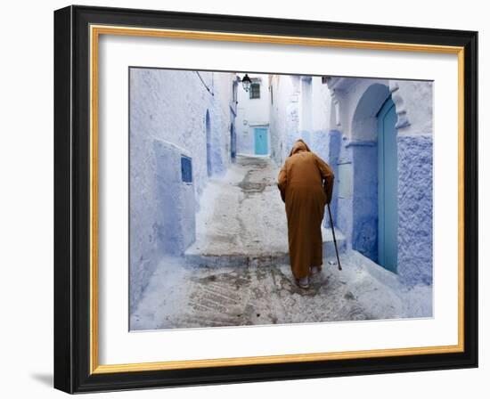 Old Man Walking in a Typical Street in Chefchaouen, Rif Mountains Region, Morocco-Levy Yadid-Framed Photographic Print