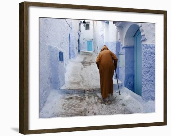 Old Man Walking in a Typical Street in Chefchaouen, Rif Mountains Region, Morocco-Levy Yadid-Framed Photographic Print