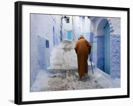 Old Man Walking in a Typical Street in Chefchaouen, Rif Mountains Region, Morocco-Levy Yadid-Framed Photographic Print