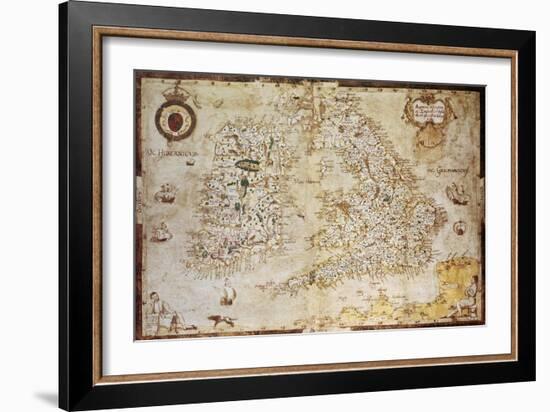 Old Map Of British Islands. Created By Laurence Nowell, Published In England, 1564-marzolino-Framed Art Print