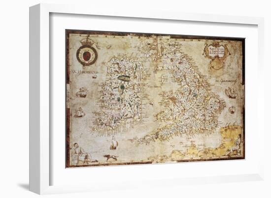 Old Map Of British Islands. Created By Laurence Nowell, Published In England, 1564-marzolino-Framed Art Print