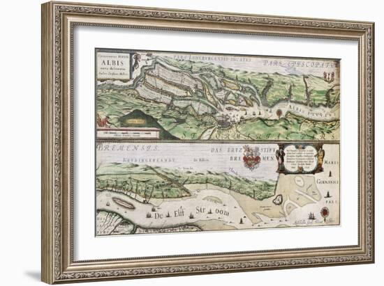 Old Map Of Elbe River And Hamburg Port From The Atlas Appendix-marzolino-Framed Art Print