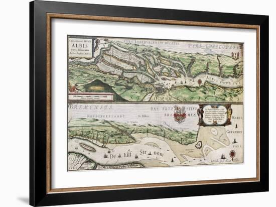 Old Map Of Elbe River And Hamburg Port From The Atlas Appendix-marzolino-Framed Art Print